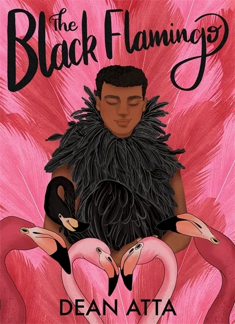 On a pink background, a black man sits with a black feather boa around his neck. In front of him are the necks and heads of four flamingos. Illustrated.