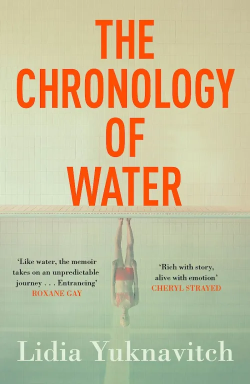 The front cover of the chronology of water. The title dominates the top half of the book, while on the bottom we see the reflection of a person in water.